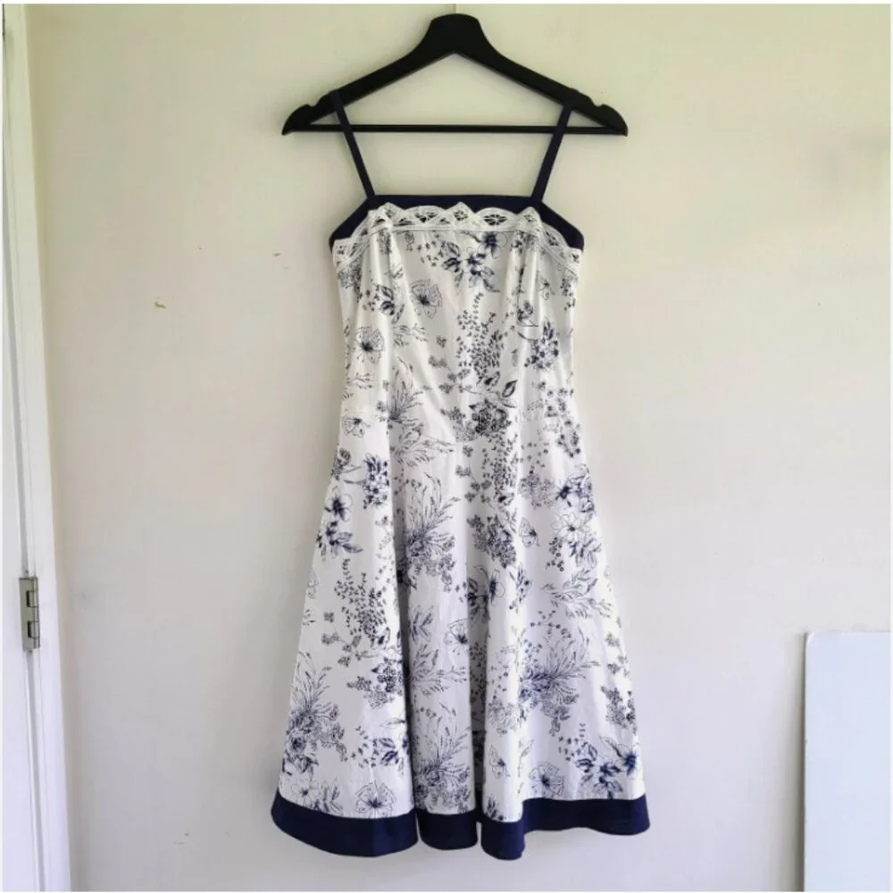 Floral Sundress Dress 3 Floral Navy Blue White Cotton Milkmaid Coquette